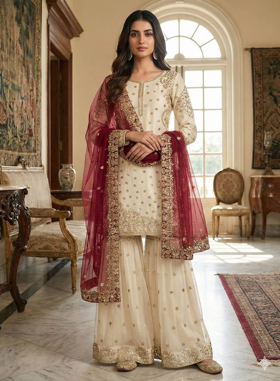 Pure Fendy Silk With Heavy Embroidery Sequence Work Top-Bottom And Dupatta Set