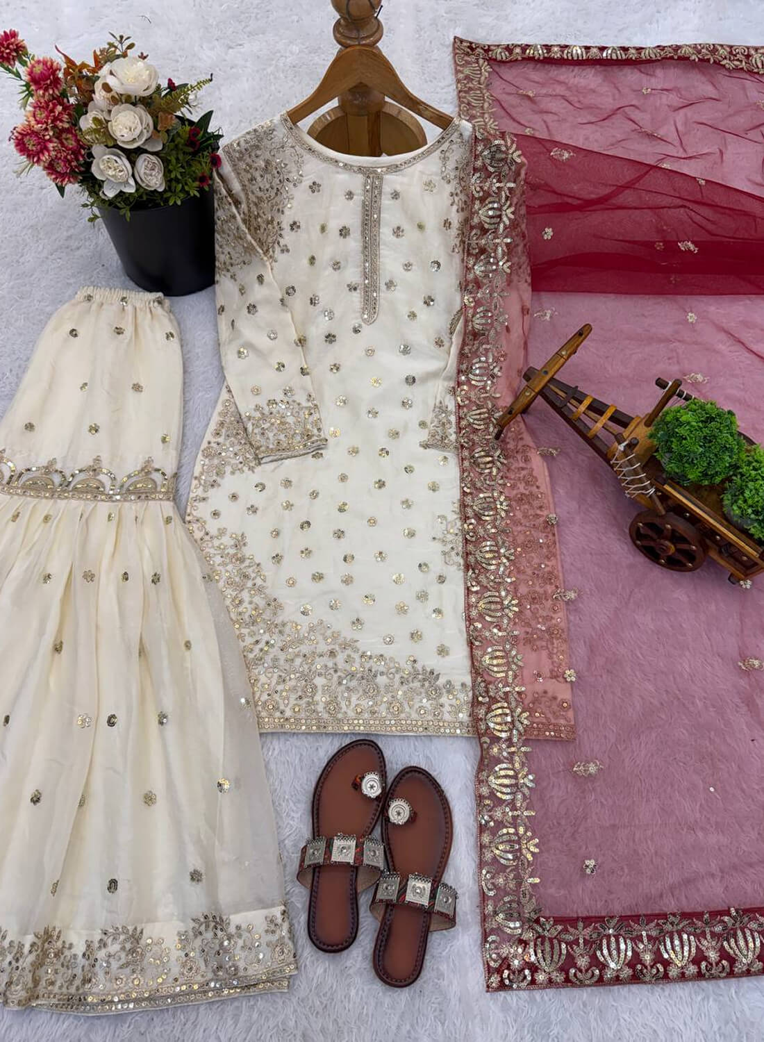 Pure Fendy Silk With Heavy Embroidery Sequence Work Top-Bottom And Dupatta Set