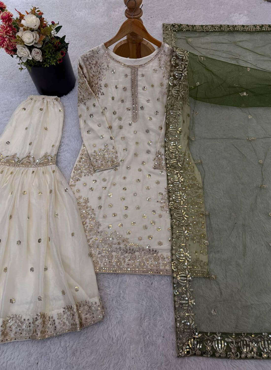 Pure Fendy Silk With Heavy Embroidery Sequence Work Top-Bottom And Dupatta Set