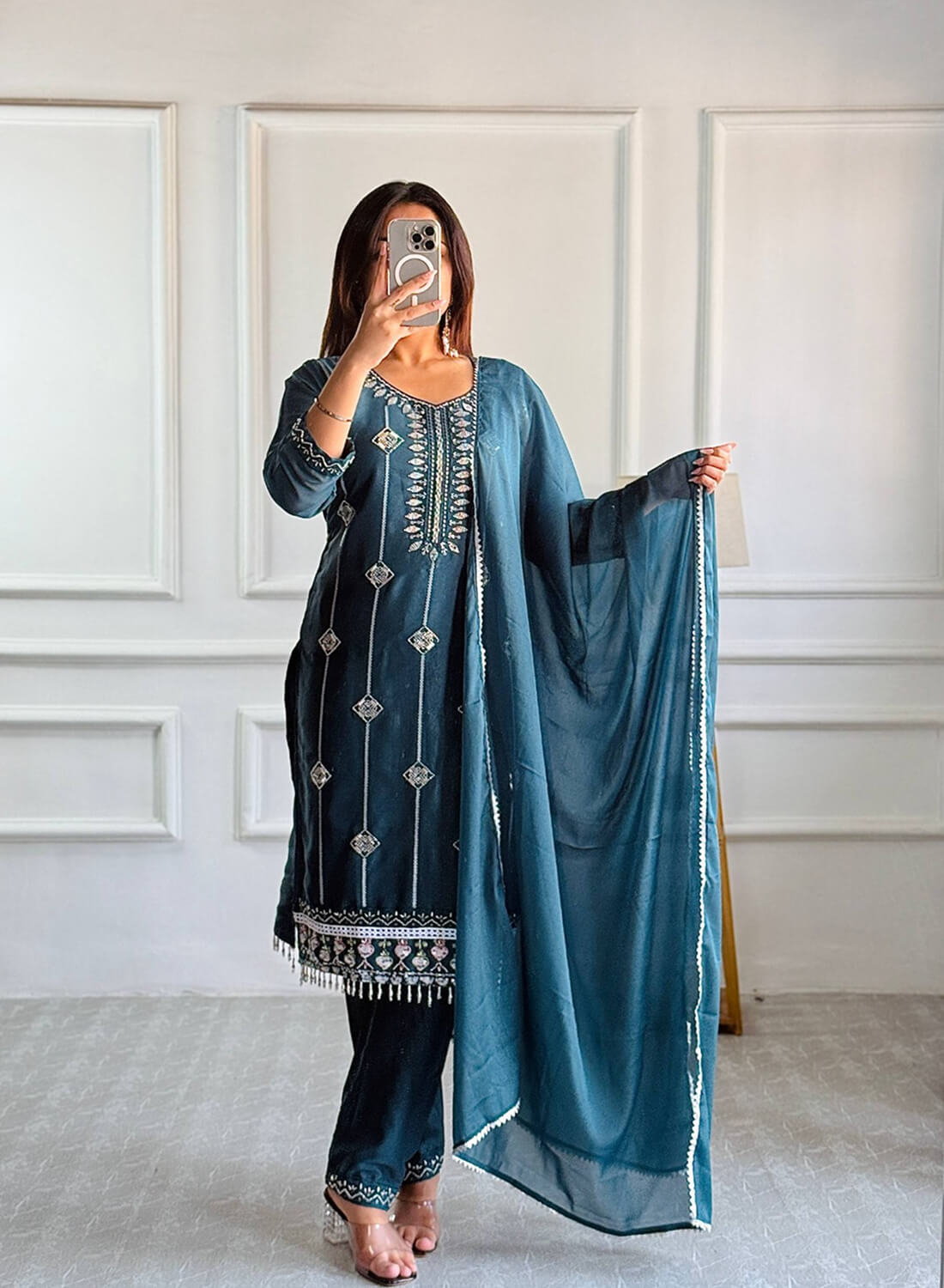 Designer Party Wear Top & Pant Set with Embroidered Dupatta