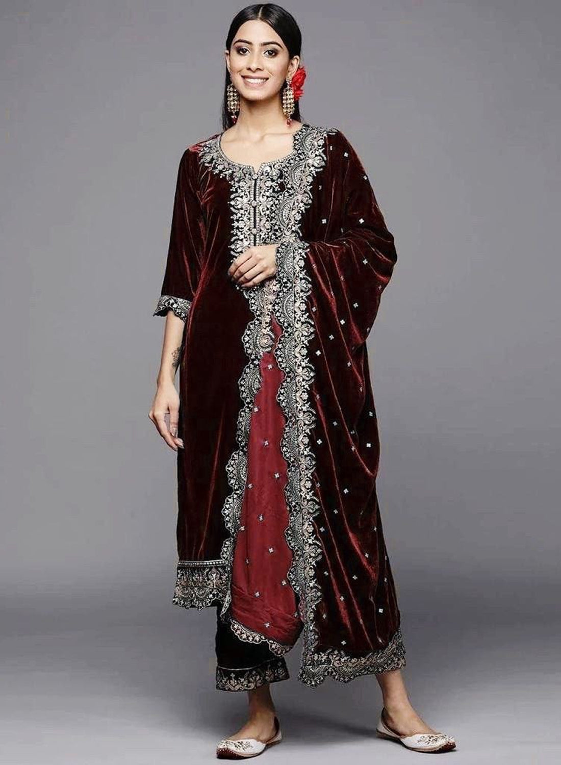 Premium Velvet Kurti–Plazzo Set with Zari Embroidery Work