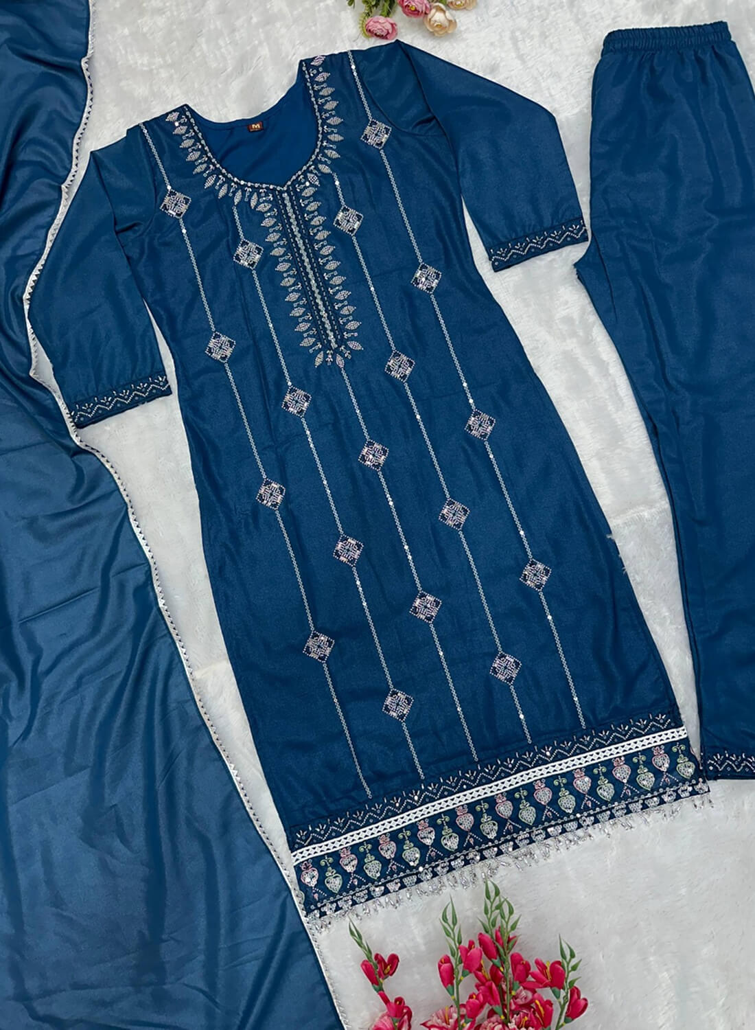 Designer Party Wear Top & Pant Set with Embroidered Dupatta