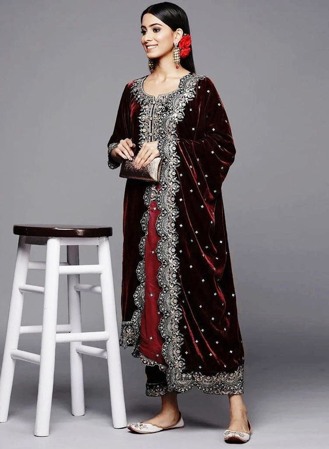 Premium Velvet Kurti–Plazzo Set with Zari Embroidery Work