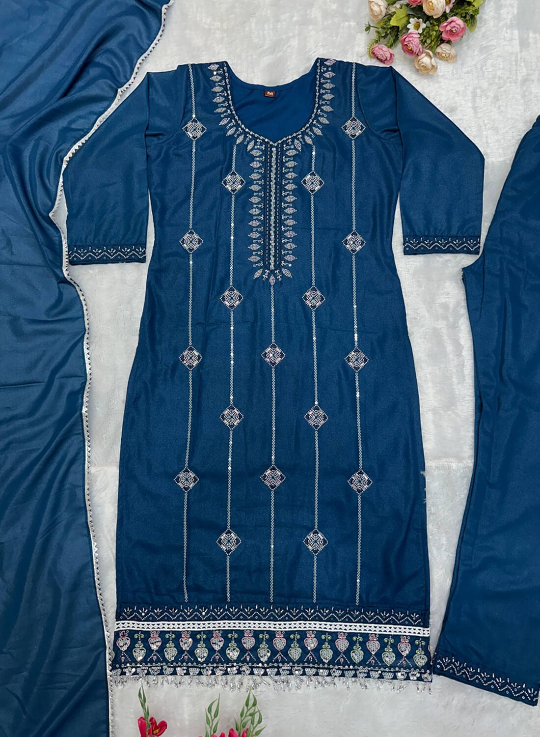 Designer Party Wear Top & Pant Set with Embroidered Dupatta