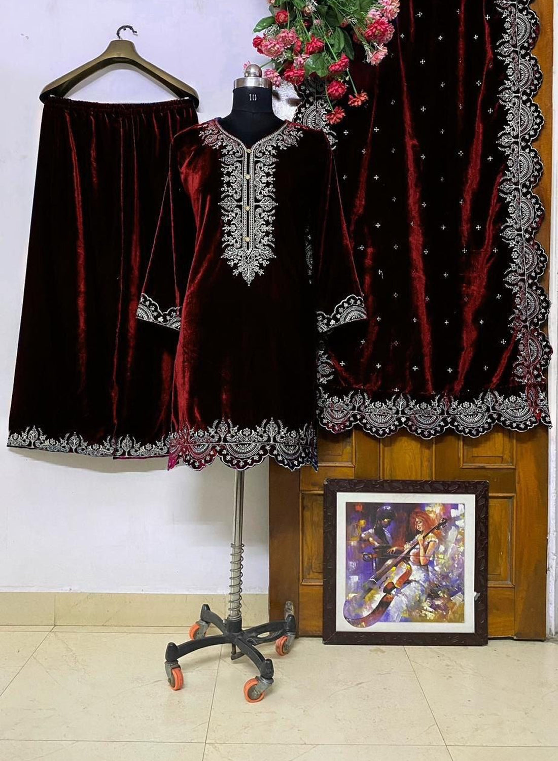 Premium Velvet Kurti–Plazzo Set with Zari Embroidery Work