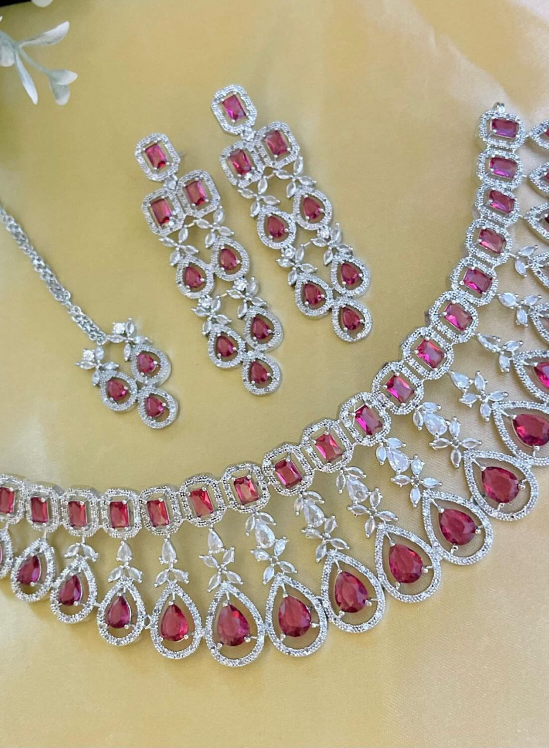 Beautiful Premium Quality American Diamond Choker Set with Earrings & Tika
