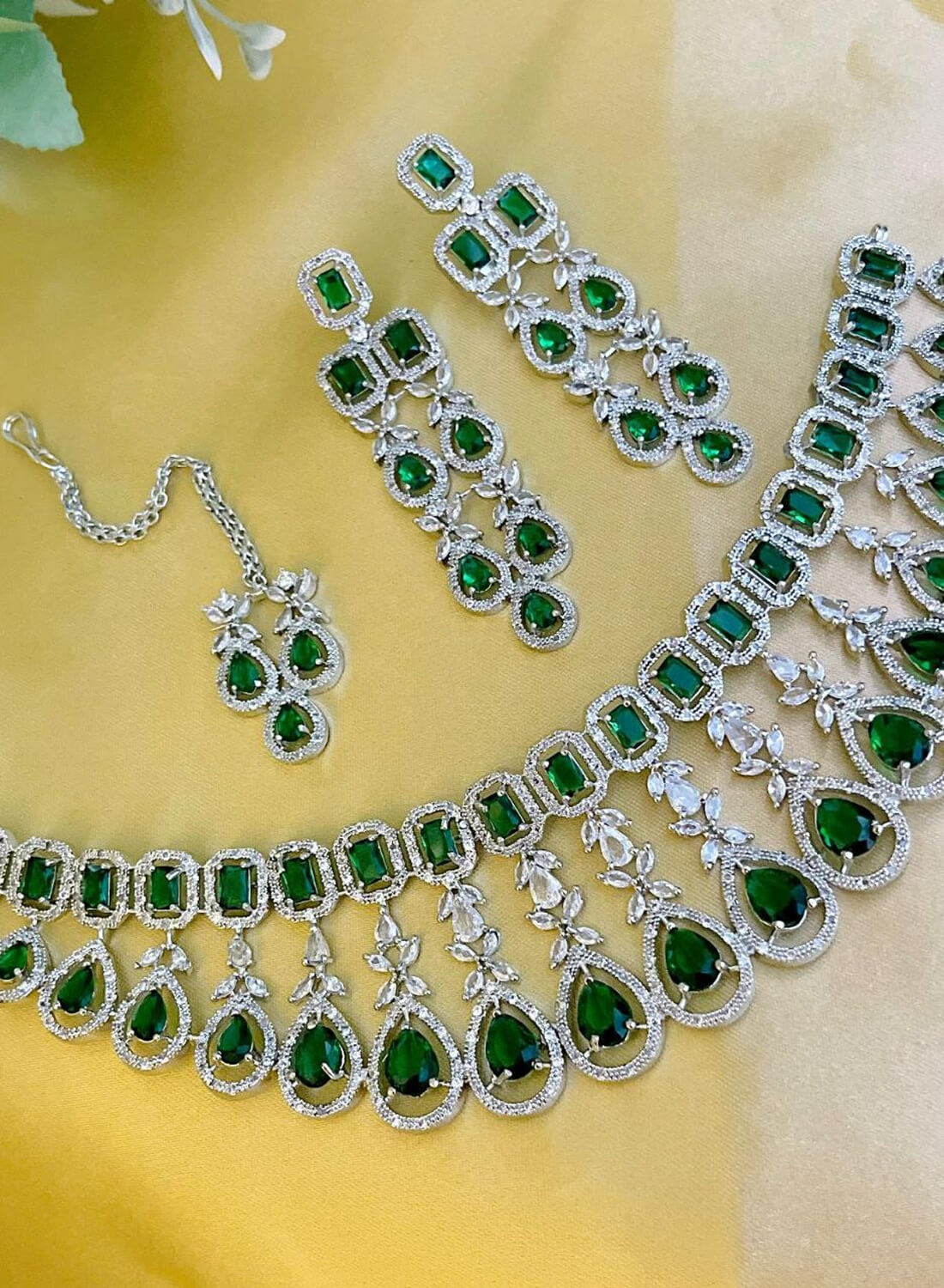 Beautiful Premium Quality American Diamond Choker Set with Earrings & Tika