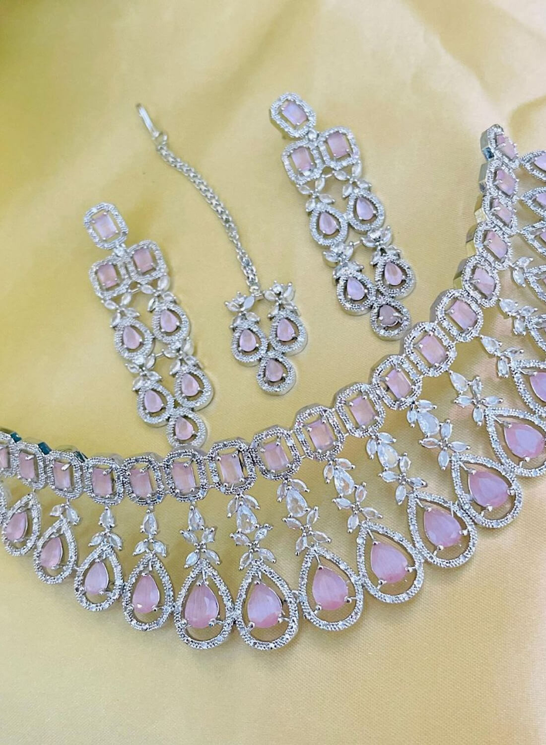 Beautiful Premium Quality American Diamond Choker Set with Earrings & Tika