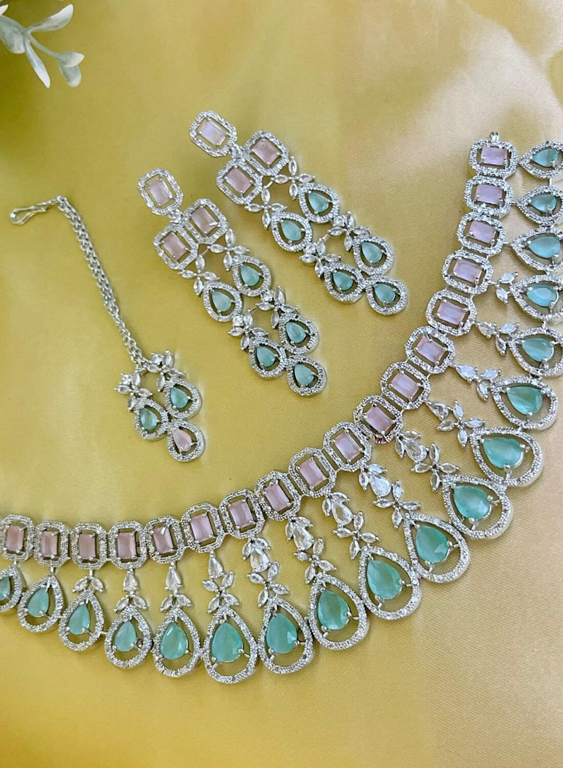 Beautiful Premium Quality American Diamond Choker Set with Earrings & Tika