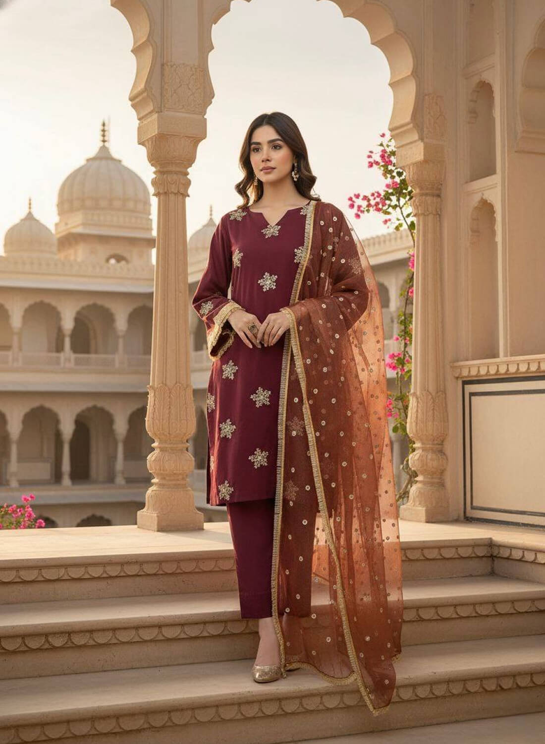 Natural Crep Silk Top-Bottom And Dupatta Set Fully Stitched Ready To Wear
