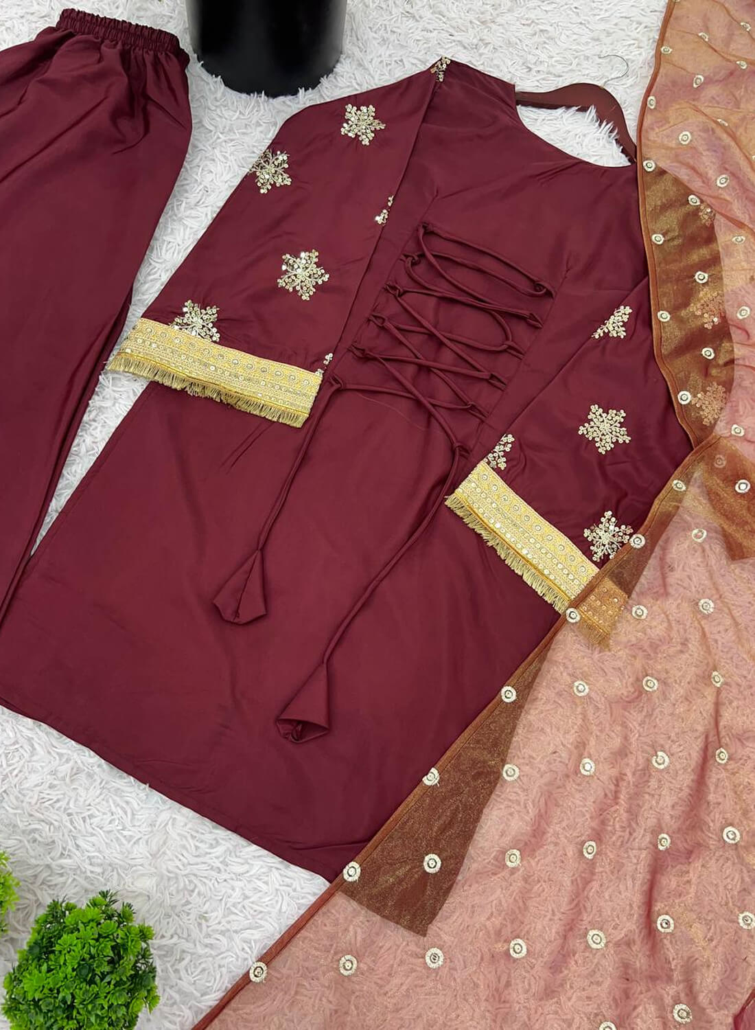 Natural Crep Silk Top-Bottom And Dupatta Set Fully Stitched Ready To Wear