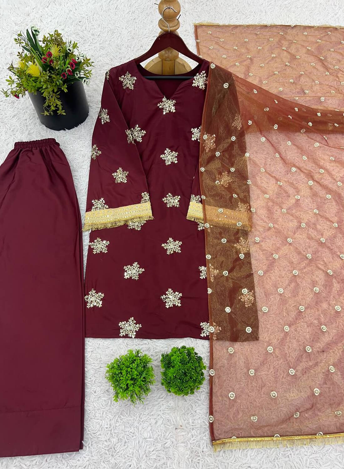 Natural Crep Silk Top-Bottom And Dupatta Set Fully Stitched Ready To Wear