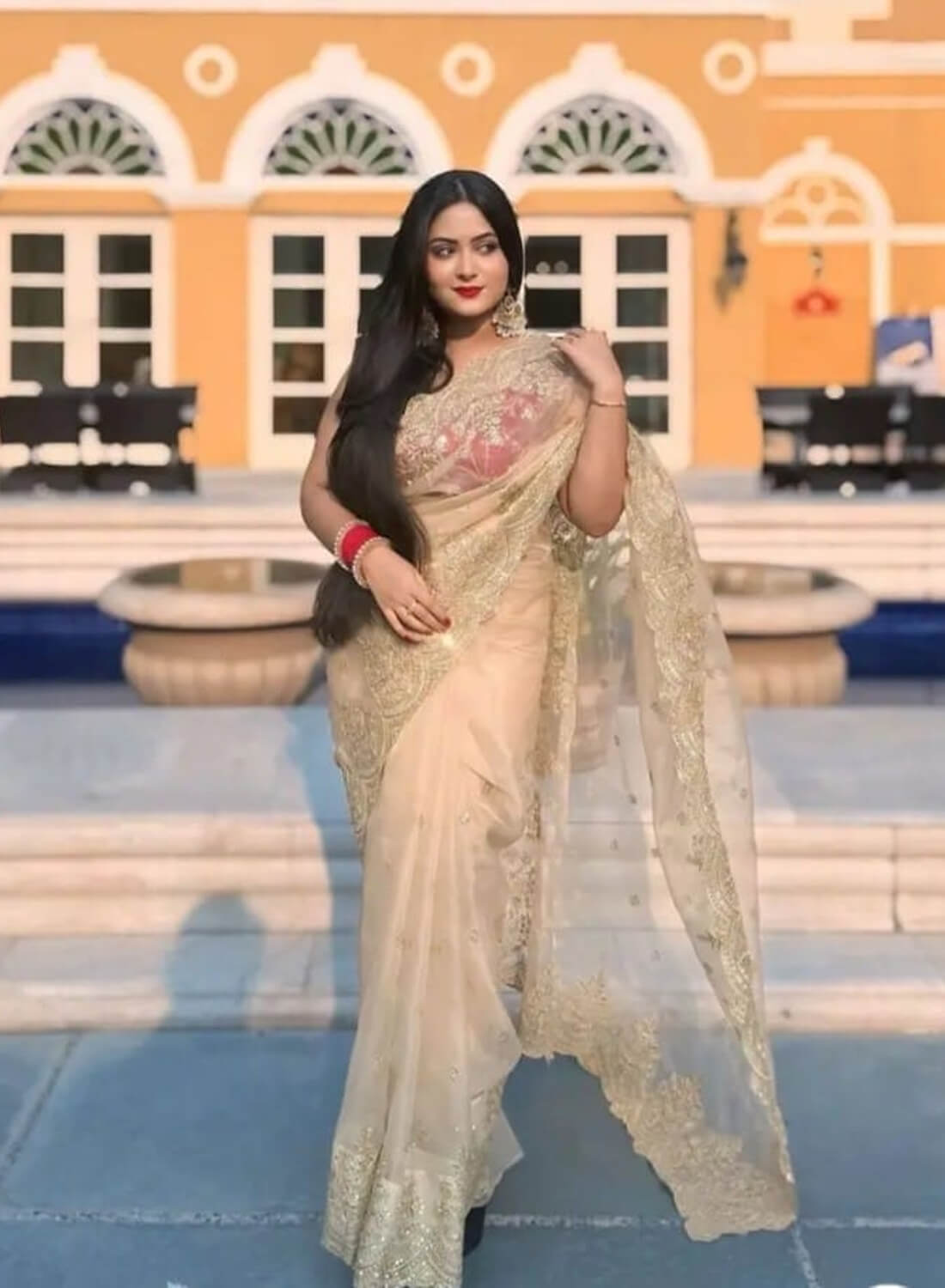Luxe Gold Organza Saree with Sequins Red Corset Blouse For Weddings
