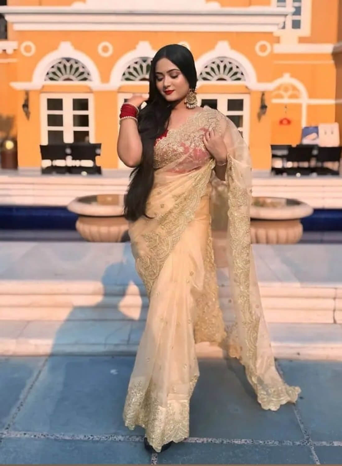 Luxe Gold Organza Saree with Sequins Red Corset Blouse For Weddings