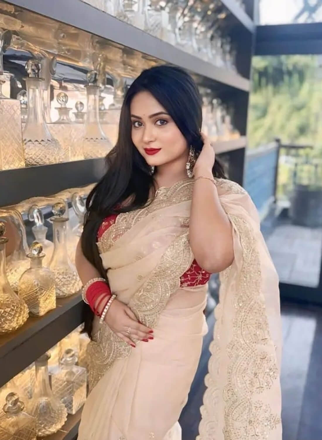Luxe Gold Organza Saree with Sequins Red Corset Blouse For Weddings