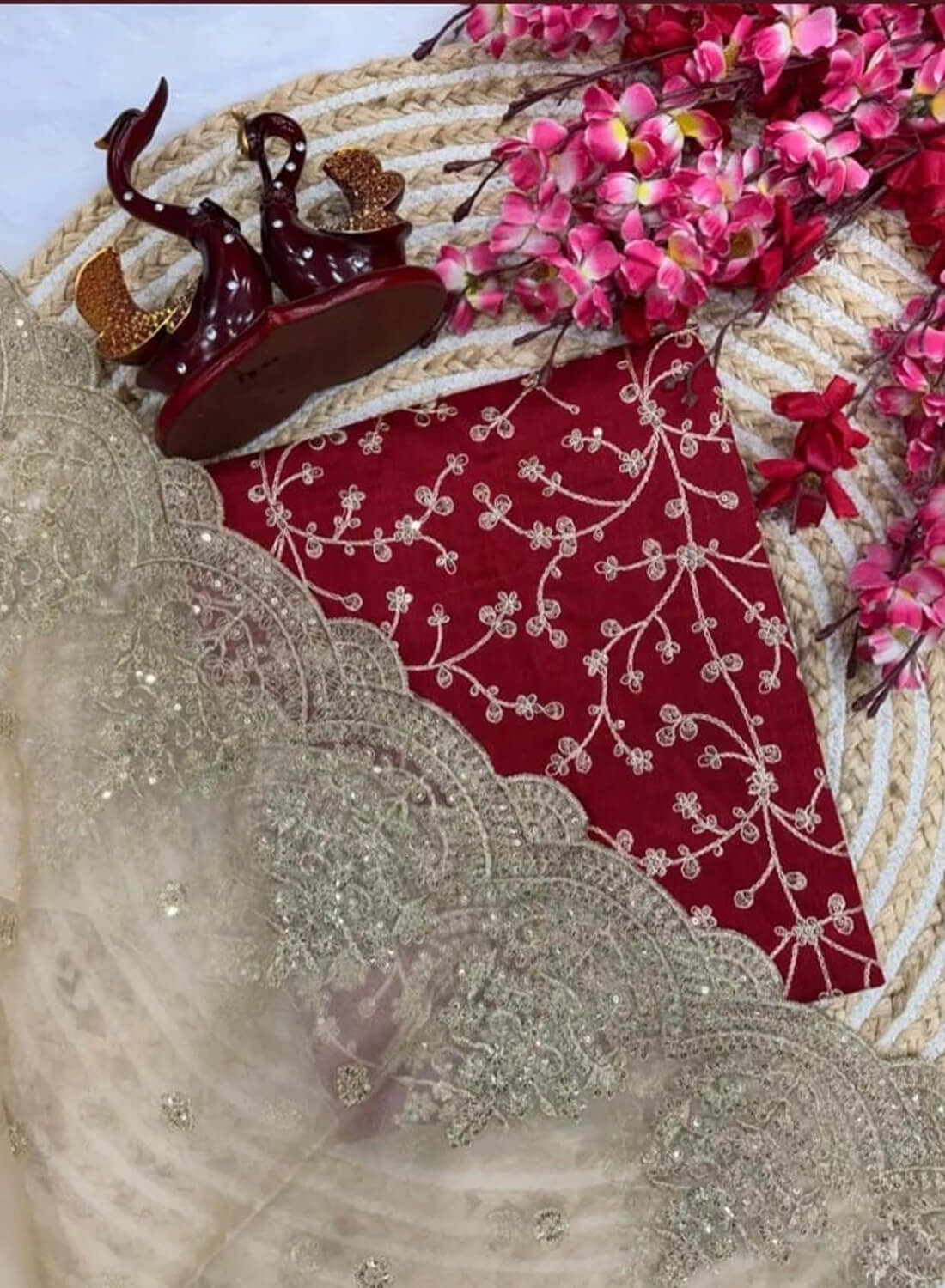 Luxe Gold Organza Saree with Sequins Red Corset Blouse For Weddings