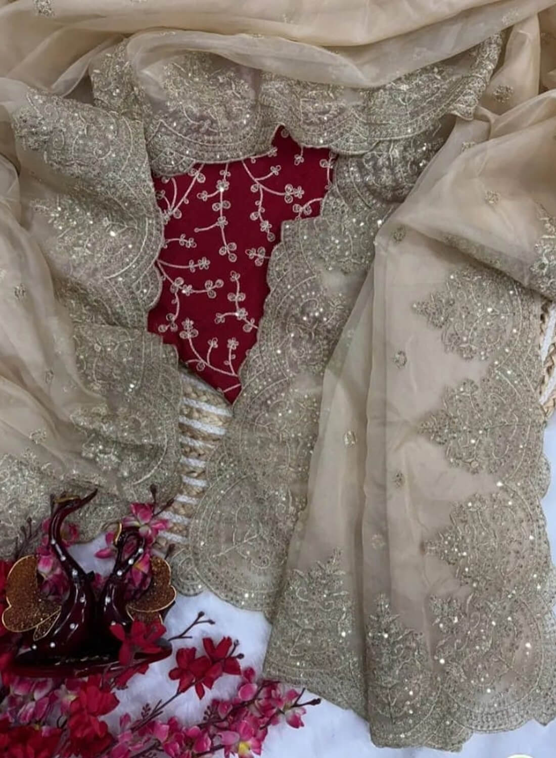 Luxe Gold Organza Saree with Sequins Red Corset Blouse For Weddings