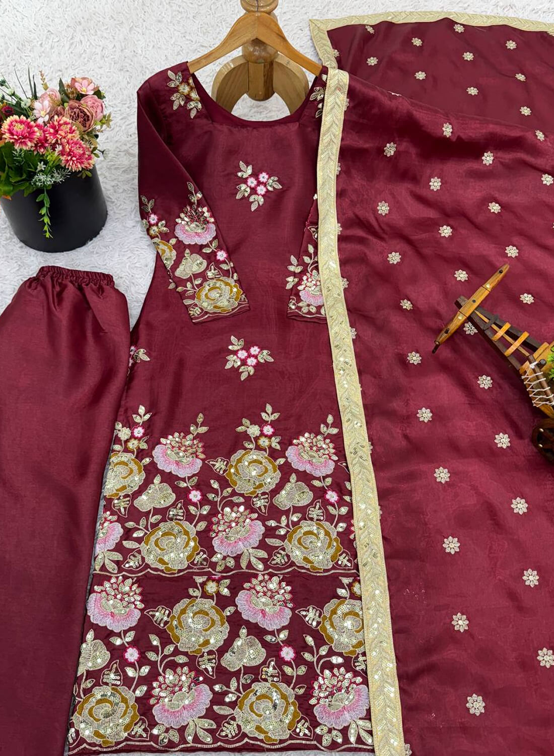 Pure Heavy Organza Poly Silk With Heavy Embroidery And Dupatta Set Fully Stitched