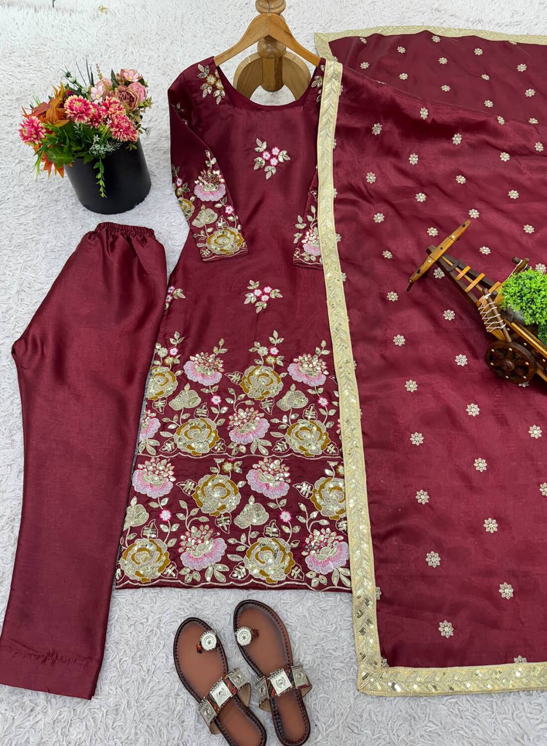 Pure Heavy Organza Poly Silk With Heavy Embroidery And Dupatta Set Fully Stitched