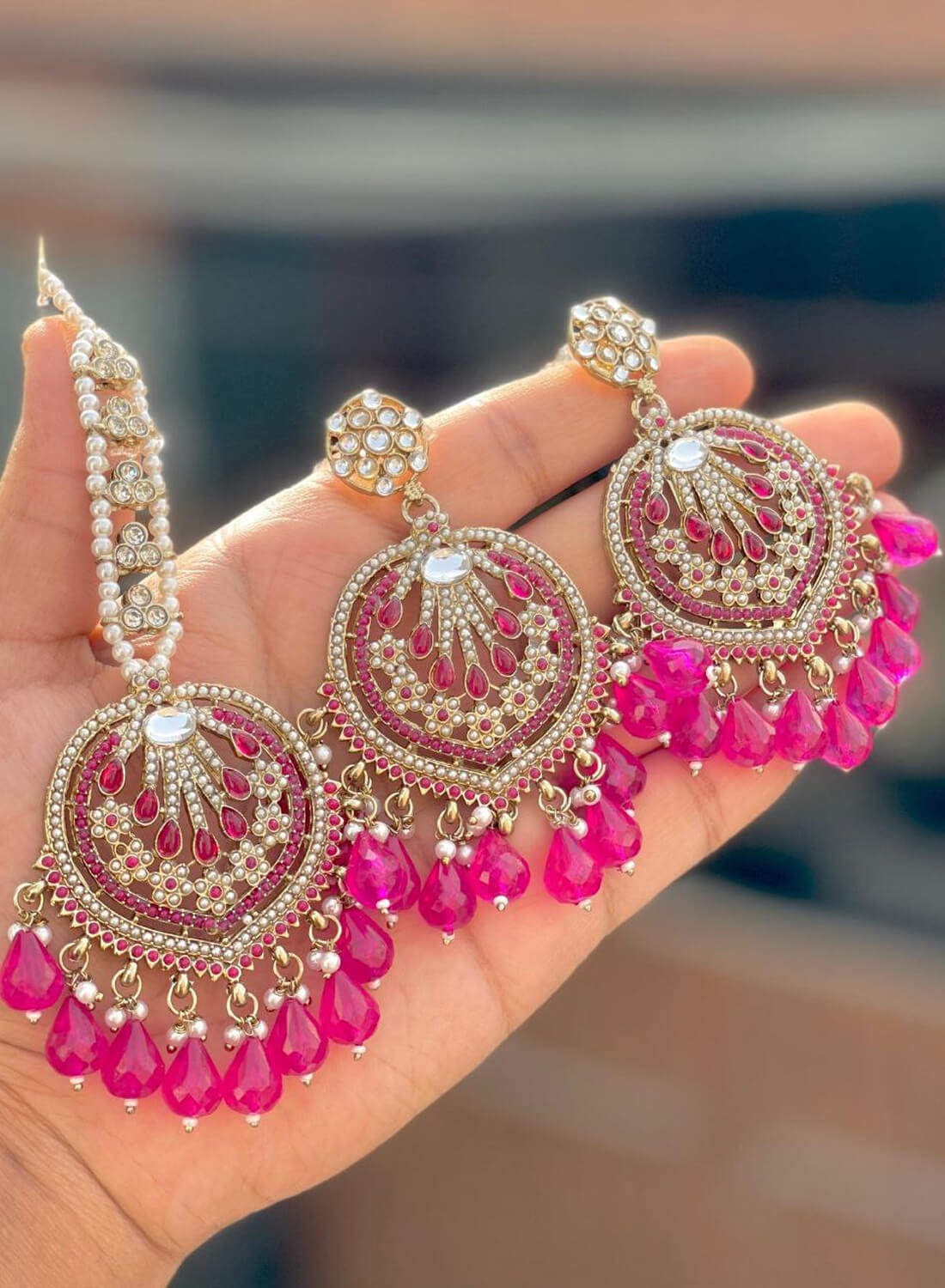 Beautiful Premium Quality Pakistani Work Earrings & Tika Set