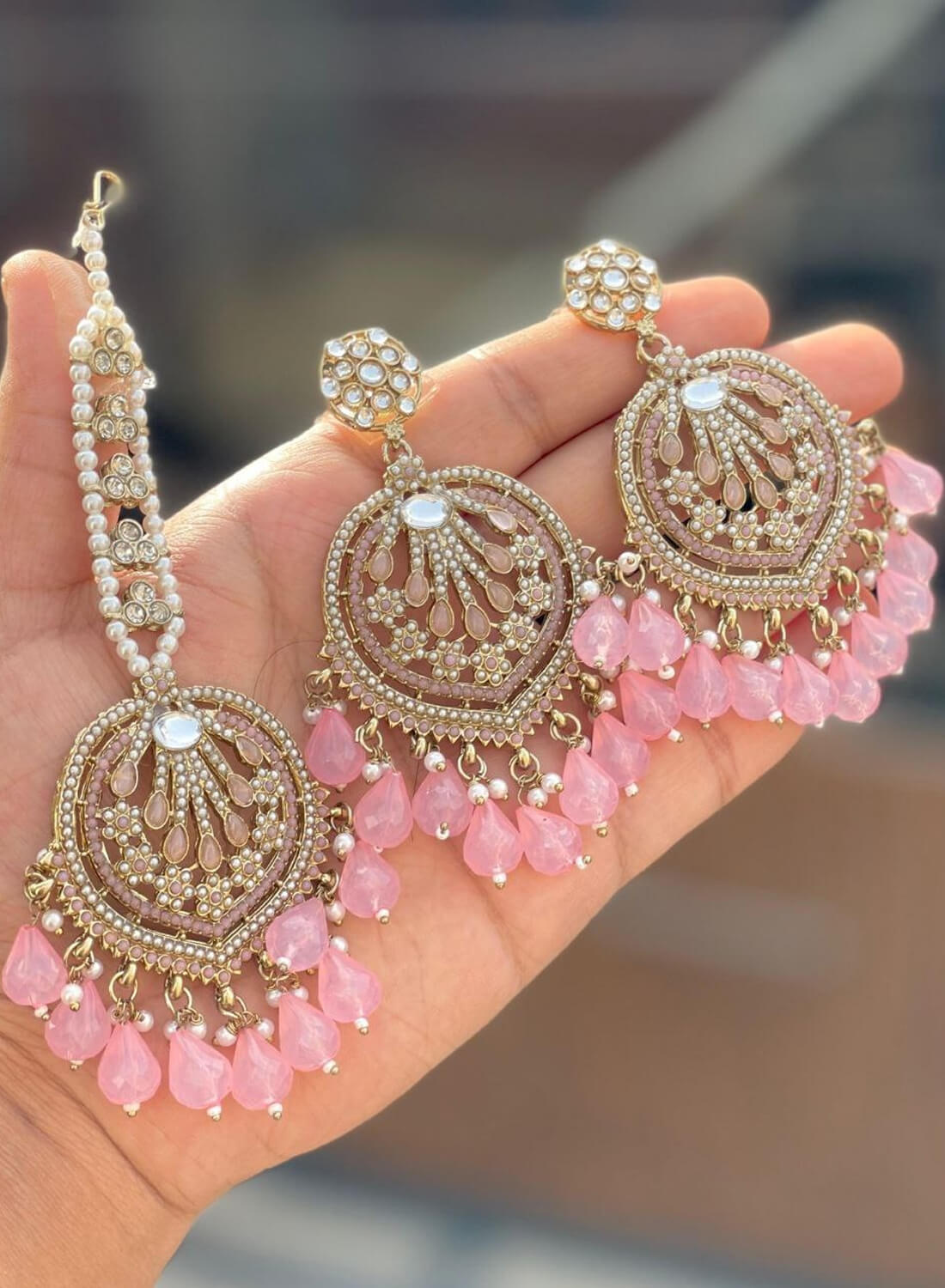 Beautiful Premium Quality Pakistani Work Earrings & Tika Set