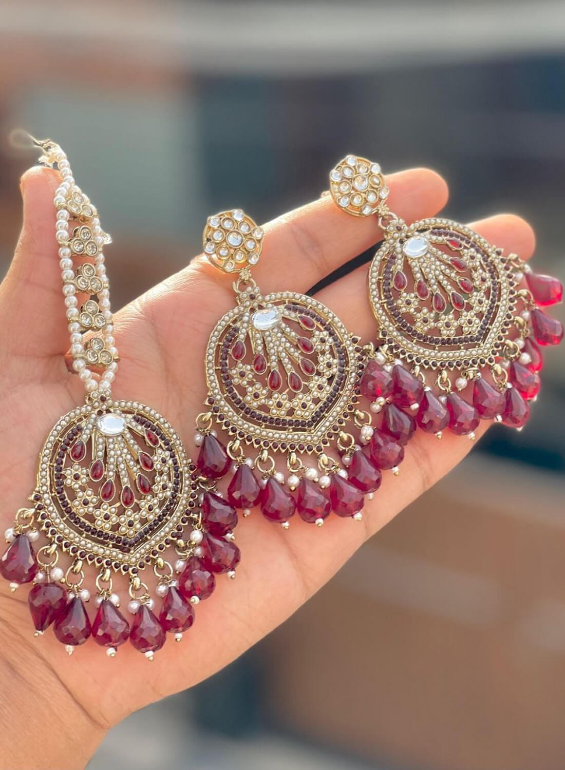 Beautiful Premium Quality Pakistani Work Earrings & Tika Set