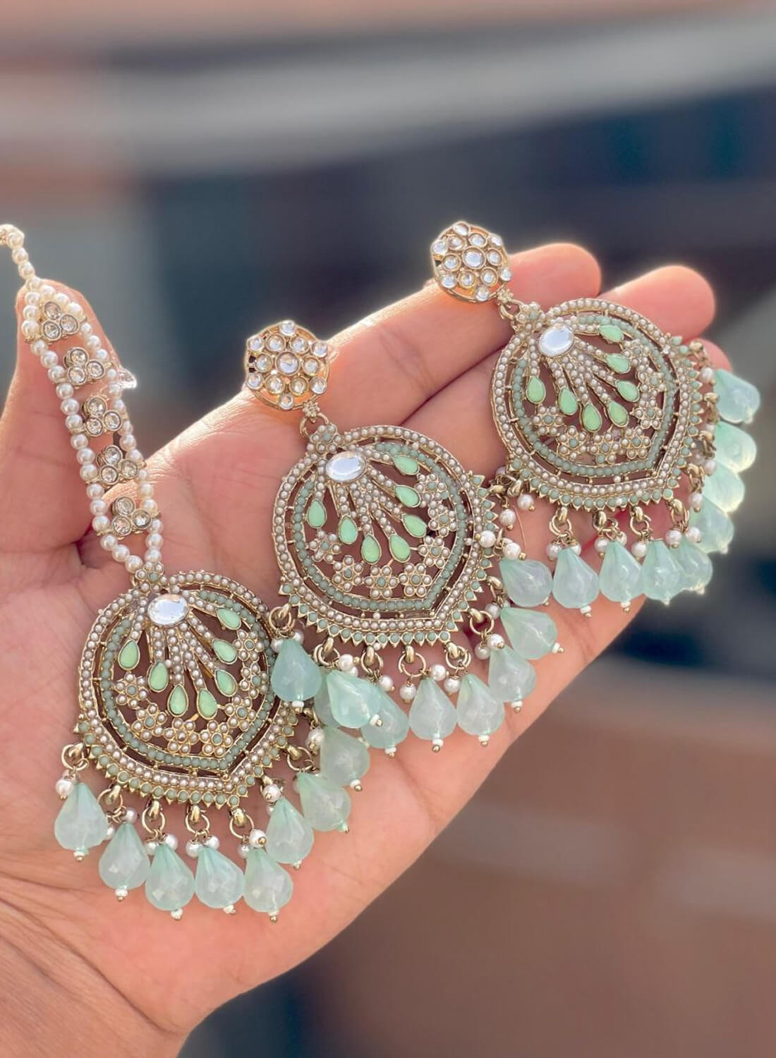 Beautiful Premium Quality Pakistani Work Earrings & Tika Set