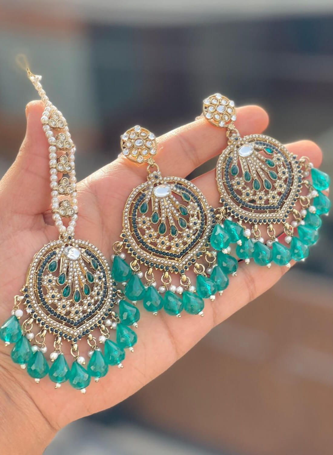 Beautiful Premium Quality Pakistani Work Earrings & Tika Set